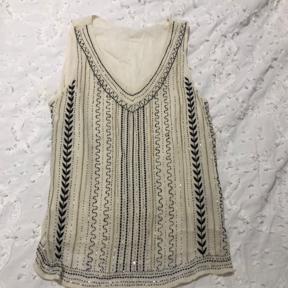 Off white black, and sliver beaded blouse.